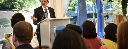 Jayantial M. Karia, President of UNICRI's Board of Trustees delivers a speech at the Graduation of the LL.M Class 2022. ©UNICRI/Freya Morales